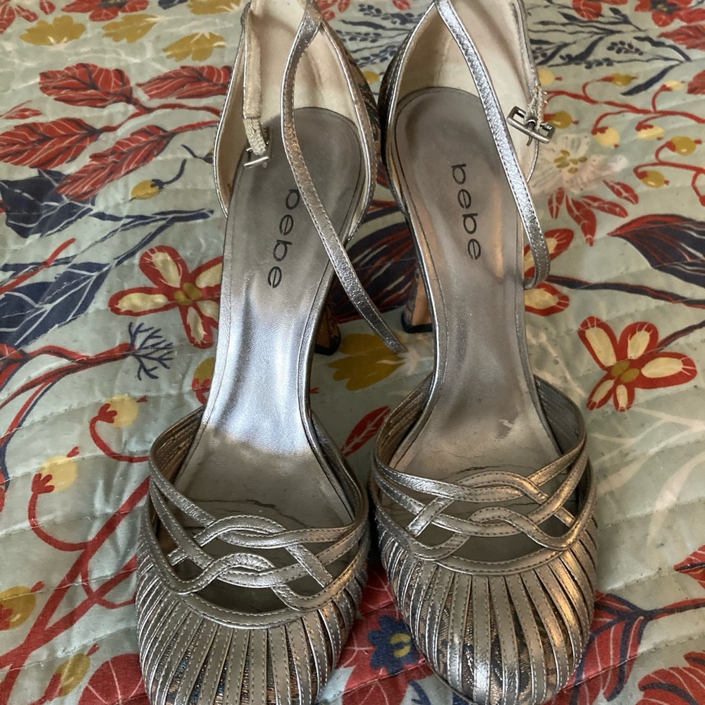 Silver and blue Bebe heels, 8.5